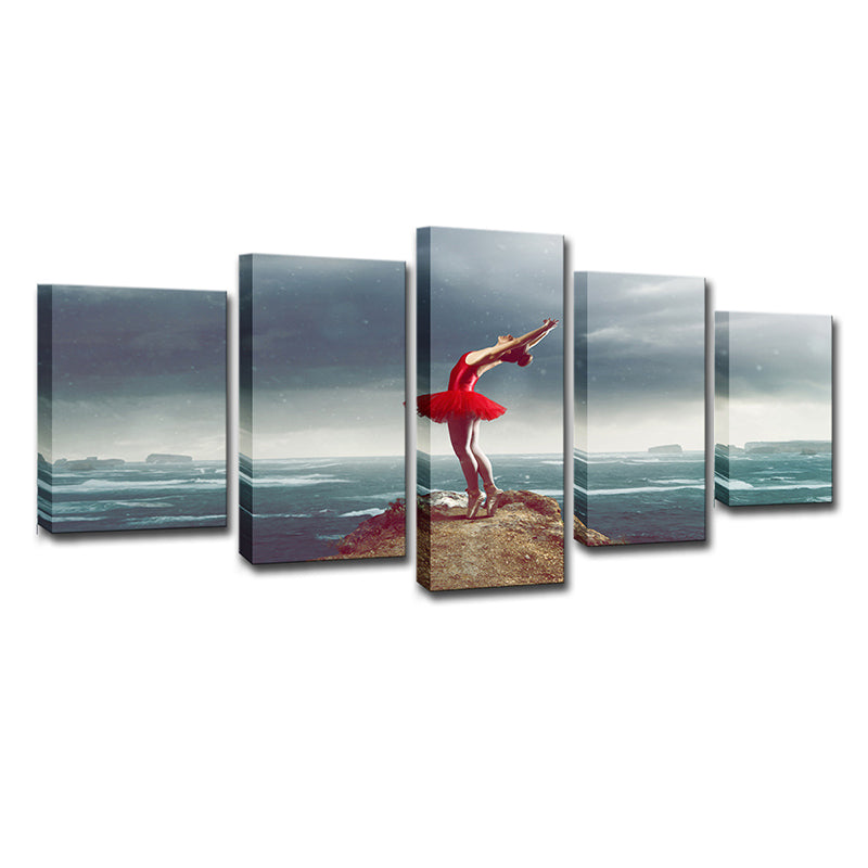Vivolux | Glam Ballerina Wandkunst Blau und Rot Ozean Insel Landschaft Leinwand für Wohnzimmer