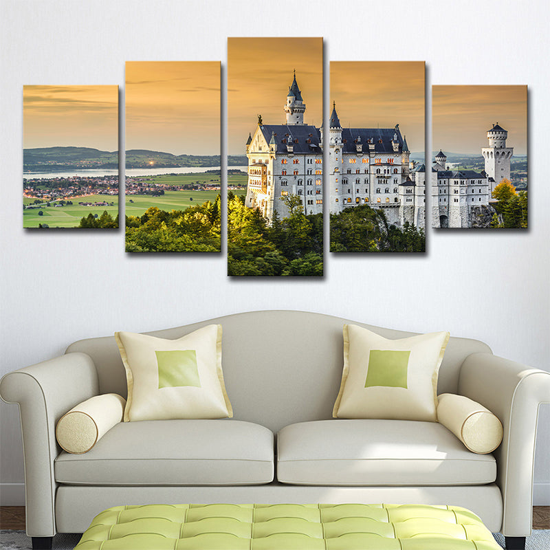 Vivolux | Modernes Landmark Wandkunstdruck Grünes Schwanstein Schloss mit Sonnenuntergangsblick Leinwand