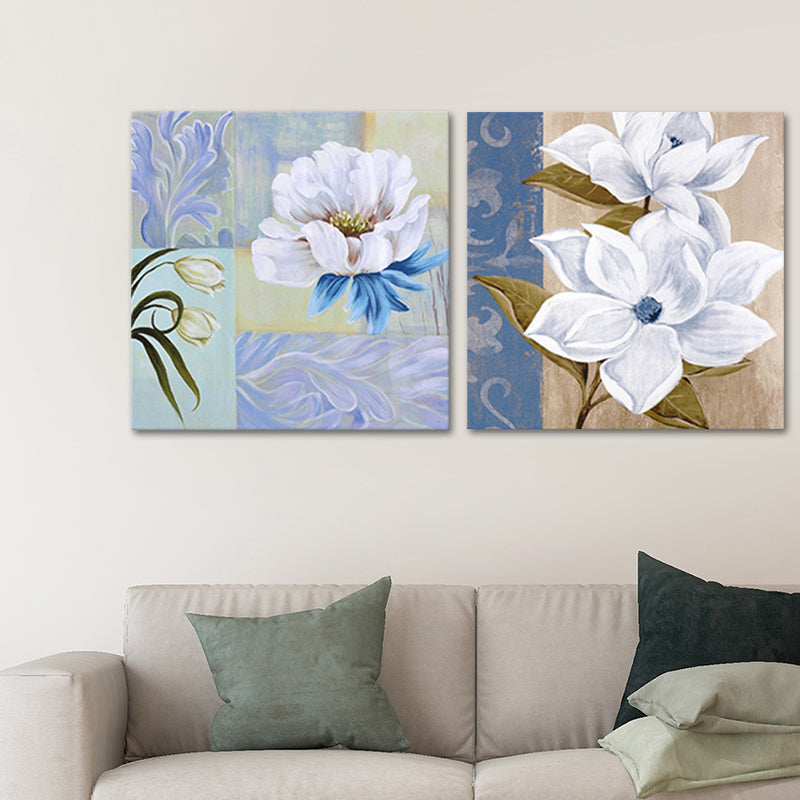 Vivolux | Blumenblüte Malerei Leinwand Blau und Weiß Modernistische Wandkunst Set für Hausinterieur