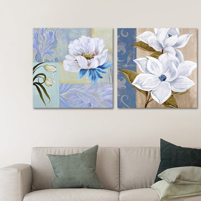 Vivolux | Blumenblüte Malerei Leinwand Blau und Weiß Modernistische Wandkunst Set für Hausinterieur