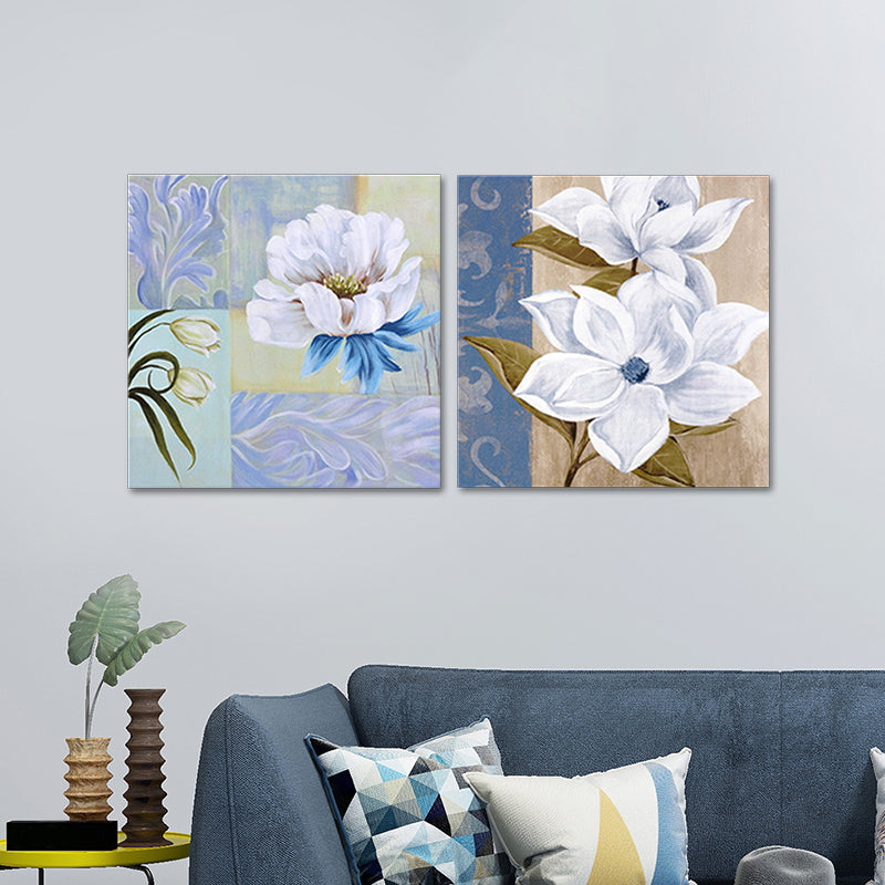 Vivolux | Blumenblüte Malerei Leinwand Blau und Weiß Modernistische Wandkunst Set für Hausinterieur