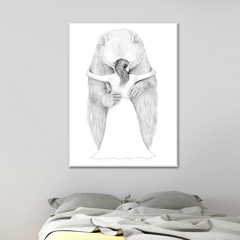 Vivolux | Skandinavischer Bär und Mädchen Malerei Weiße Texturierte Wandkunst Dekor für Esszimmer