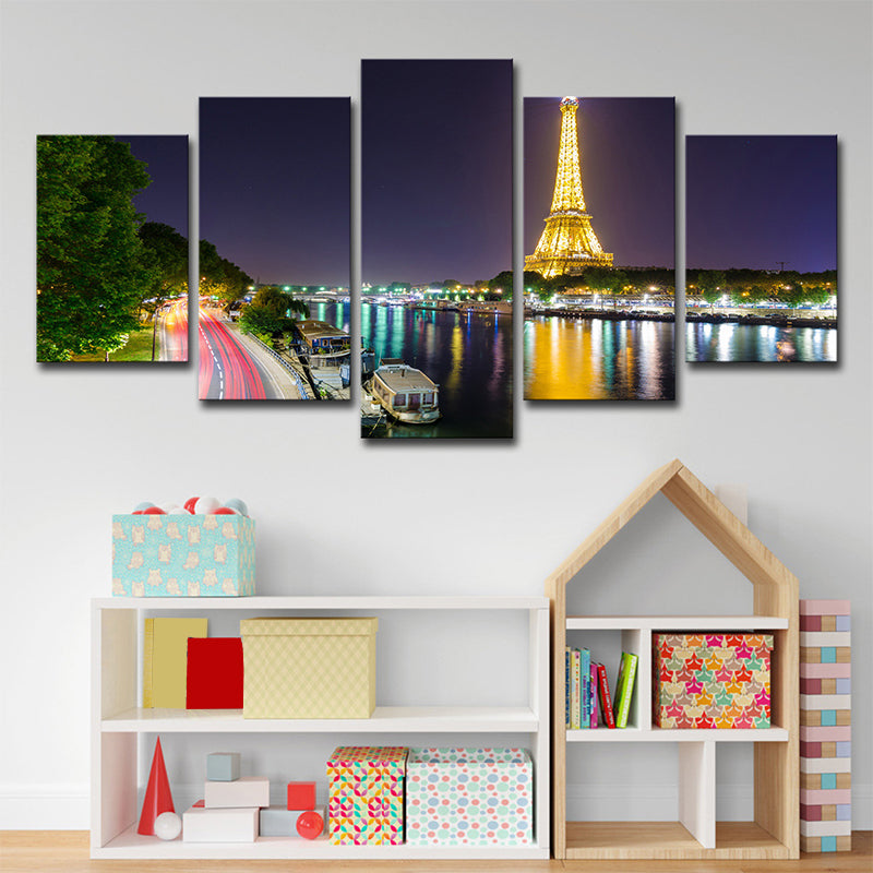 Vivolux | Canvas Grün Wanddekoration Global Inspirierte Riverside Eiffel Tower Nacht Szene Kunstdruck