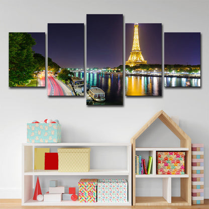 Vivolux | Canvas Grün Wanddekoration Global Inspirierte Riverside Eiffel Tower Nacht Szene Kunstdruck
