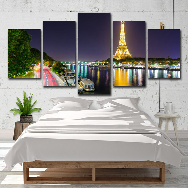 Vivolux | Canvas Grün Wanddekoration Global Inspirierte Riverside Eiffel Tower Nacht Szene Kunstdruck