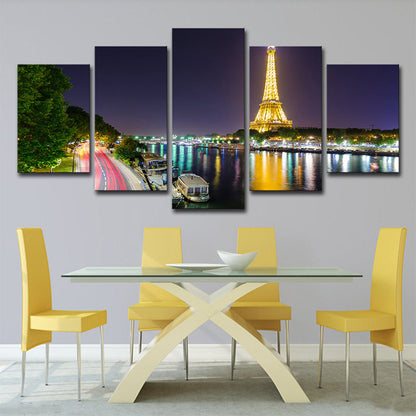 Vivolux | Canvas Grün Wanddekoration Global Inspirierte Riverside Eiffel Tower Nacht Szene Kunstdruck