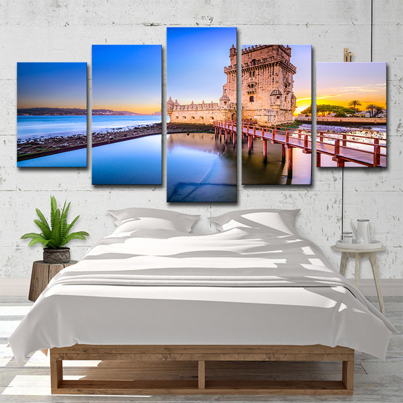 Vivolux | Belem Tower Landschaft Wanddekoration in Blau Leinwanddruck für Schlafzimmer, Mehrteilig