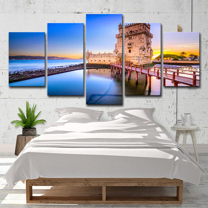 Vivolux | Belem Tower Landschaft Wanddekoration in Blau Leinwanddruck für Schlafzimmer, Mehrteilig