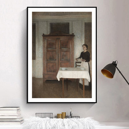 Vivolux | Nostalgisch das Dienstmädchen Gemälde Kunstdruck Braune Texturierte Wanddekoration für das Esszimmer