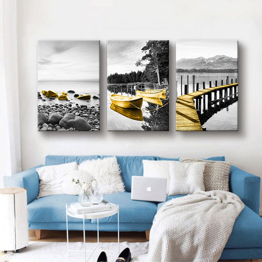 Vivolux | Shore Landscape Wandkunst Dekor in Gold Tropix Leinwanddruck für das Wohnzimmer, Set von 3
