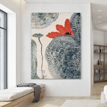 Vivolux | Grau und Rot Blumen Leinwand Texturierte Oberfläche traditionelle Wohnzimmer Wandkunst Druck