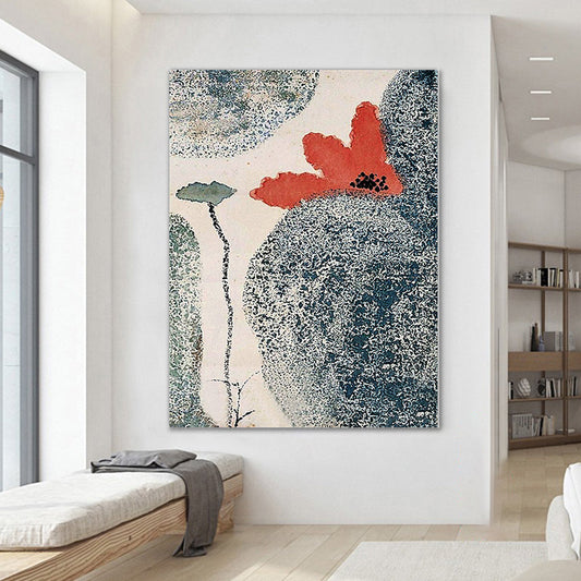 Vivolux | Grau und Rot Blumen Leinwand Texturierte Oberfläche traditionelle Wohnzimmer Wandkunst Druck
