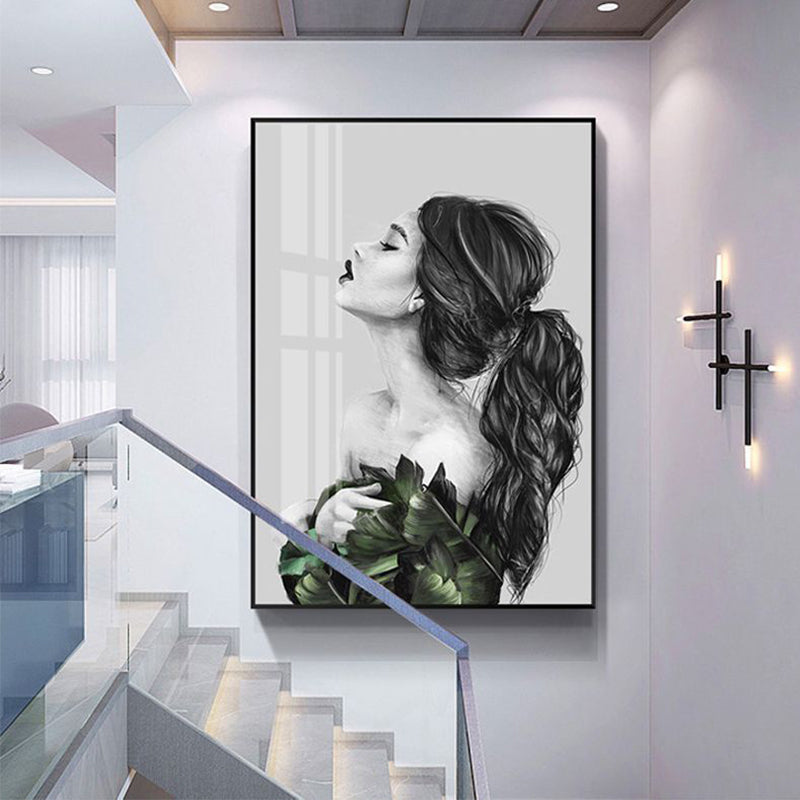 Vivolux | Mädchen-Porträt- und Blattkunst Texturiert Glam-Stil für Mädchen Schlafzimmer Wanddekor