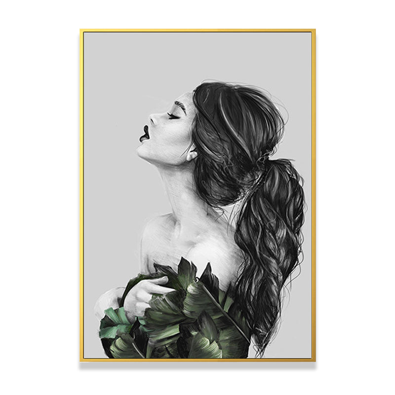 Vivolux | Mädchen-Porträt- und Blattkunst Texturiert Glam-Stil für Mädchen Schlafzimmer Wanddekor