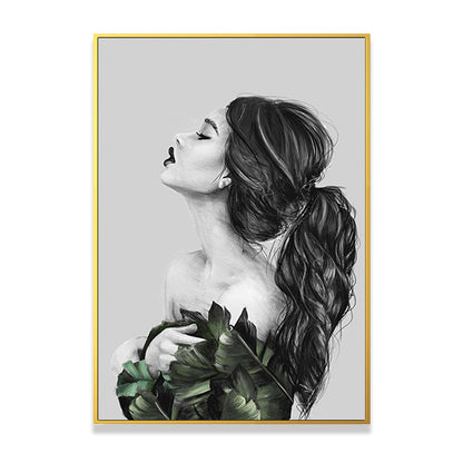 Vivolux | Mädchen-Porträt- und Blattkunst Texturiert Glam-Stil für Mädchen Schlafzimmer Wanddekor