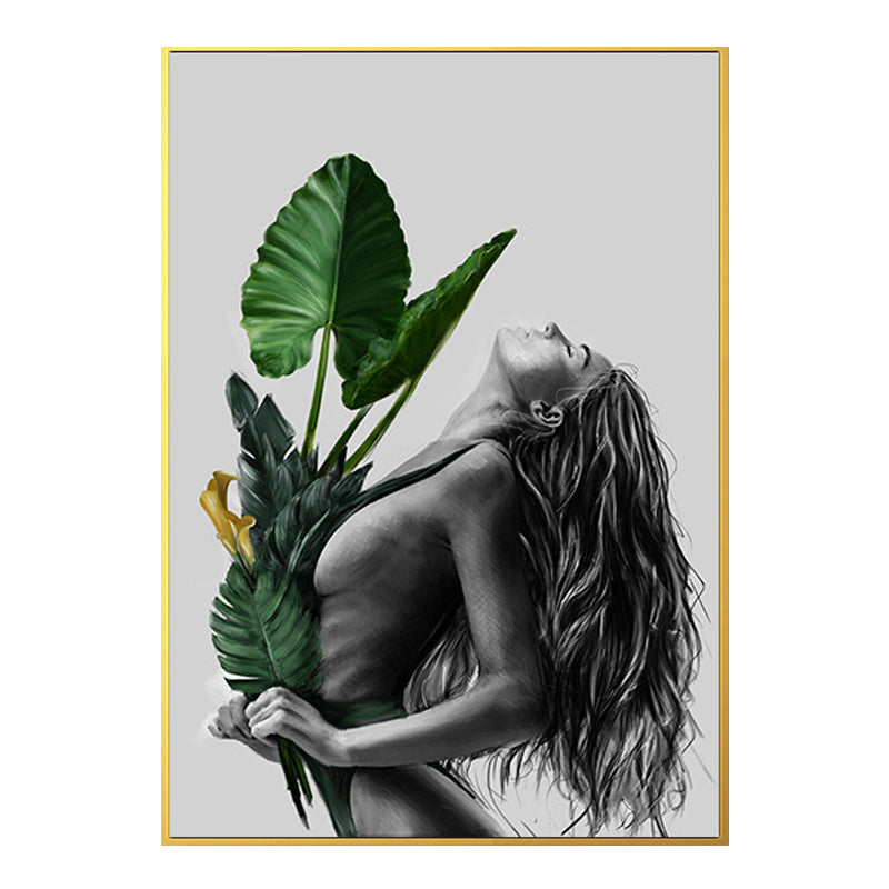 Vivolux | Mädchen-Porträt- und Blattkunst Texturiert Glam-Stil für Mädchen Schlafzimmer Wanddekor