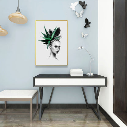 Vivolux | Mädchen-Porträt- und Blattkunst Texturiert Glam-Stil für Mädchen Schlafzimmer Wanddekor