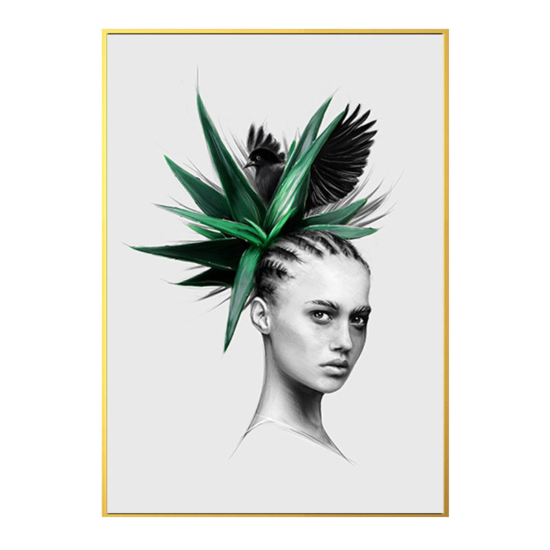 Vivolux | Mädchen-Porträt- und Blattkunst Texturiert Glam-Stil für Mädchen Schlafzimmer Wanddekor