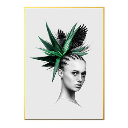 Vivolux | Mädchen-Porträt- und Blattkunst Texturiert Glam-Stil für Mädchen Schlafzimmer Wanddekor