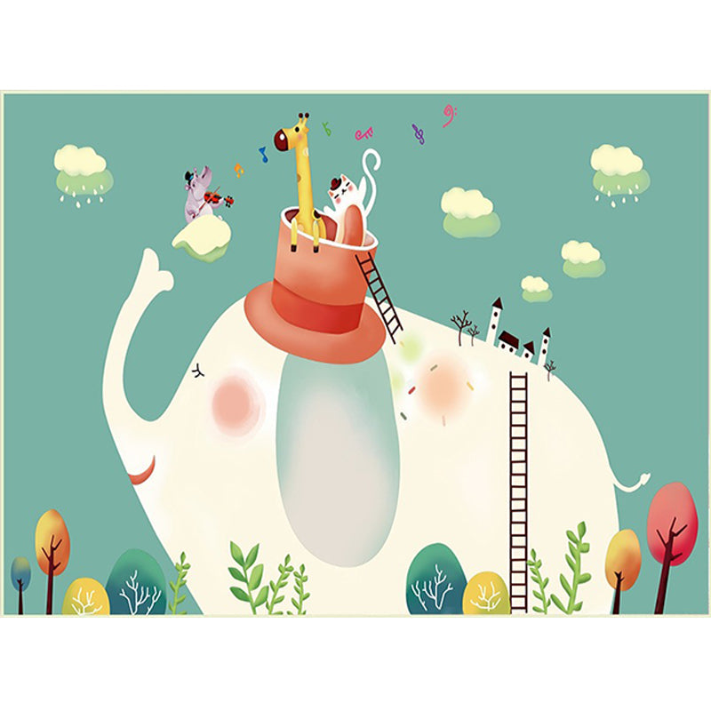 Vivolux | Kindermatten im Schlafzimmer in grünem Tier-Elefanten-Baum-Wolken-Druck-Teppich Polyester maschinenwaschbar Bereichsteppich