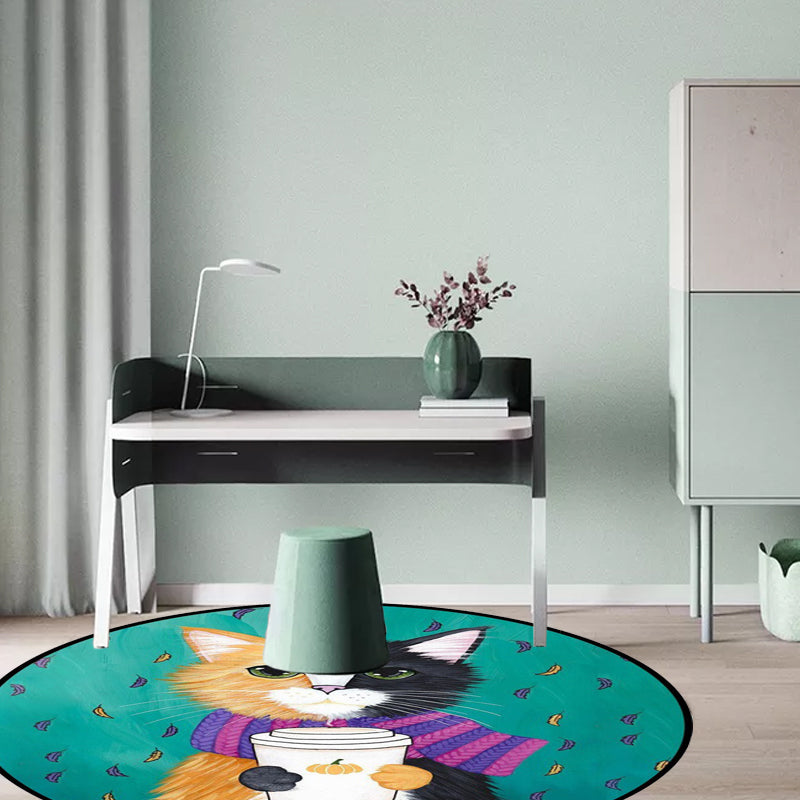Vivolux | Blau und grüner Kinderzimmerteppich Kinder Tier Bekleidete Katze Blattmuster Bereichsteppich Polyester waschbarer Teppich