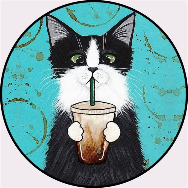 Vivolux | Blau und grüner Kinderzimmerteppich Kinder Tier Bekleidete Katze Blattmuster Bereichsteppich Polyester waschbarer Teppich