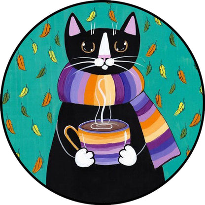 Vivolux | Blau und grüner Kinderzimmerteppich Kinder Tier Bekleidete Katze Blattmuster Bereichsteppich Polyester waschbarer Teppich