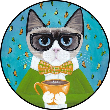 Vivolux | Blau und grüner Kinderzimmerteppich Kinder Tier Bekleidete Katze Blattmuster Bereichsteppich Polyester waschbarer Teppich