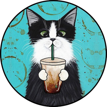 Vivolux | Blau und grüner Kinderzimmerteppich Kinder Tier Bekleidete Katze Blattmuster Bereichsteppich Polyester waschbarer Teppich