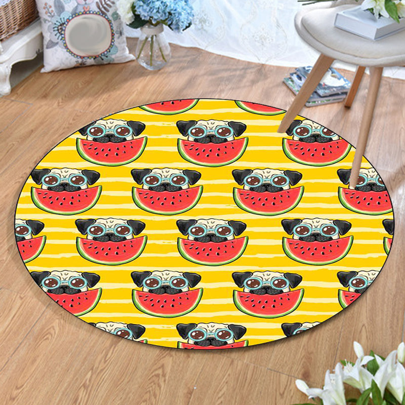 Vivolux | Geel und Rosa Kinderzimmer Teppich Kinder Tier Hund Wassermelone Blatt Muster Teppich Polyester Waschbar Teppich