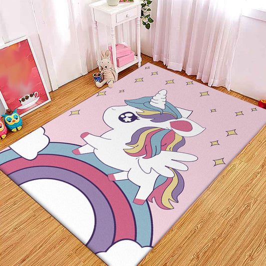 Vivolux | Rosa Kinderzimmer Teppich Kinder Tier Einhorn Regenbogen Muster Bereichsteppich Polyester Rutschfeste Rückseite Teppich
