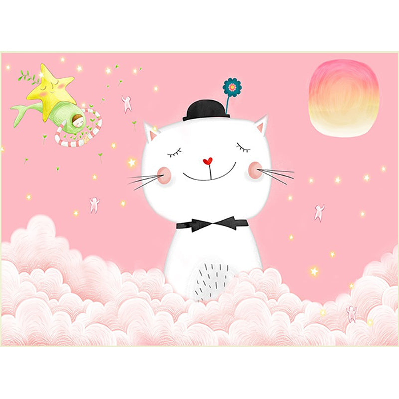 Vivolux | Lässiger Kinderteppich in Pink Tier Katze Wolkenmuster Teppich Polyester rutschfeste Rückseite waschbarer Teppich für das Kinderzimmer