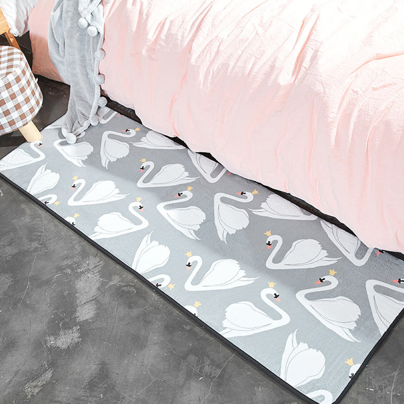 Vivolux | Kindergarten Teppich in Weiß und Pink Tier Bär Kaninchen Schwan Druck Teppich Polyester Fleckenresistenter Teppich