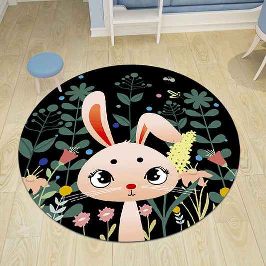 Vivolux | Schwarzer und rosa Kinderteppich Tiermuster Löwe Kaninchen Flamingo Teppich Nylon Fleckenresistenter Teppich