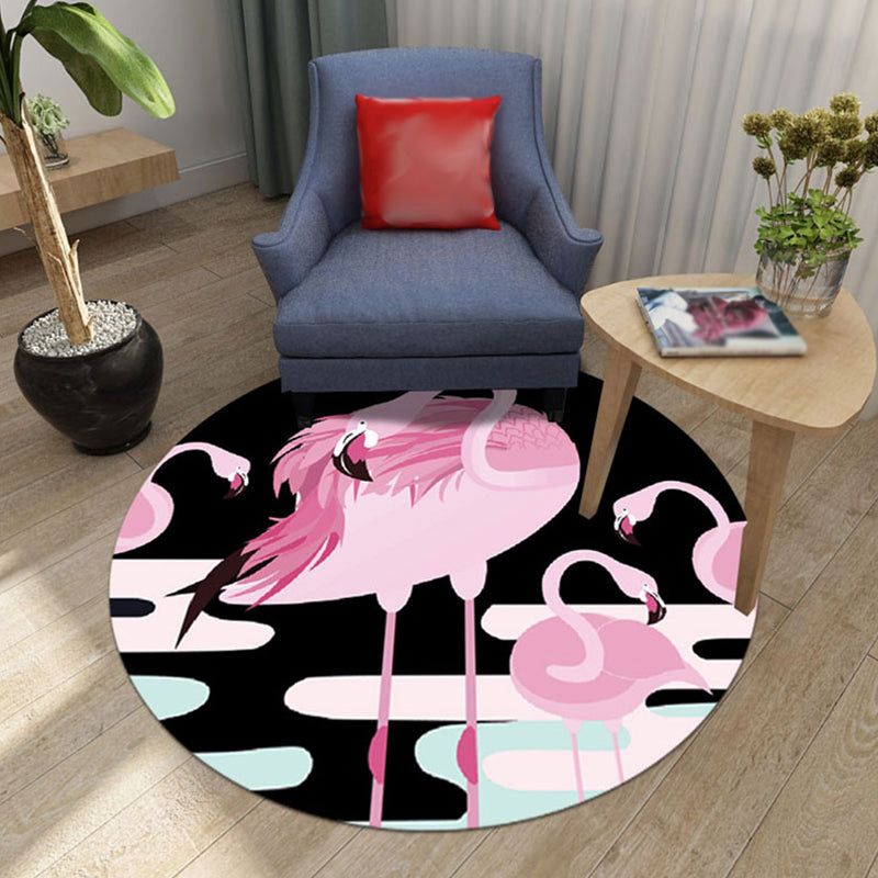 Vivolux | Schwarzer und rosa Kinderteppich Tiermuster Löwe Kaninchen Flamingo Teppich Nylon Fleckenresistenter Teppich