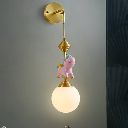 Vivolux | Kids Globe Wandmontage Witte Glas Enkel Hoofd Slaapkamer Wandlamp in Messing met Roze/Blauwe Eenhoorn Decor
