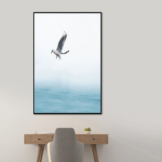 Vivolux | Textured blue wall decor modern seagull flying over the ocean canvas wall art for home
