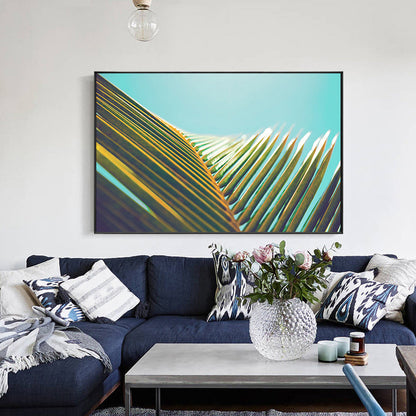 Vivolux | Kokosnusszweig Wandkunst Tropisch Schöne Palmenblatt Leinwanddruck in Grün auf Blau