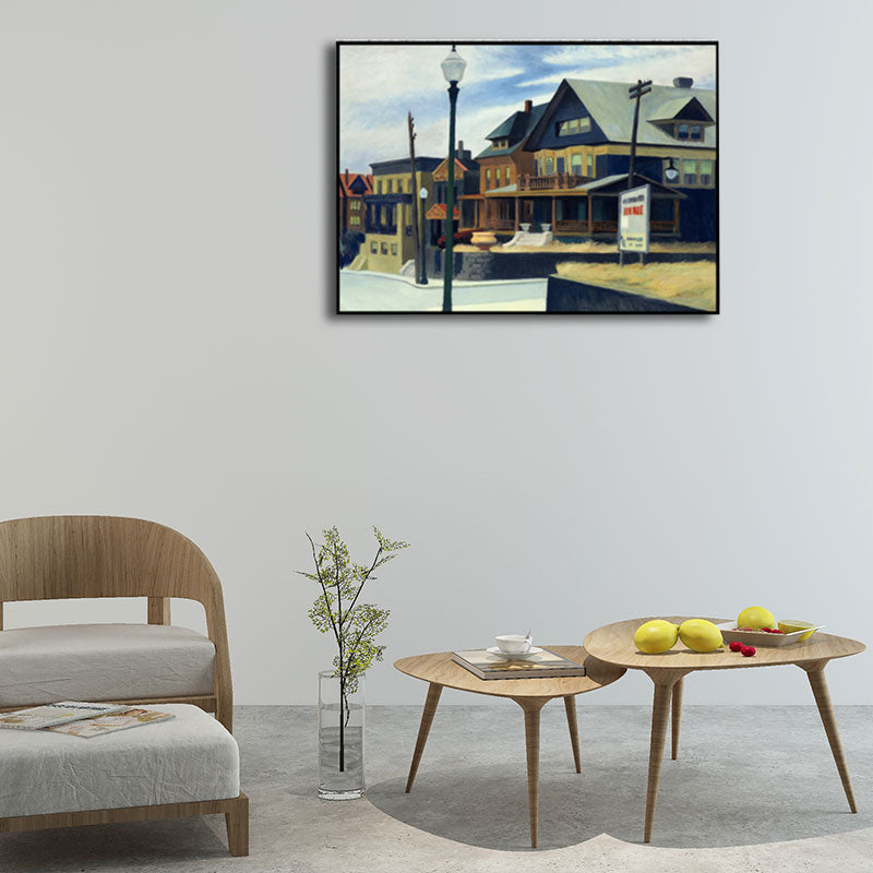 Vivolux | Blaue Vorstadt Häuser Malerei Leinwand Texturierte Oberfläche Wandkunst für Wohnzimmer