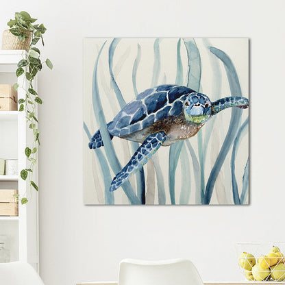 Vivolux | Blaues Schildkröte und Seegras Gemälde Texturiertes Tropisches Kinderzimmer Leinwand Wandkunst