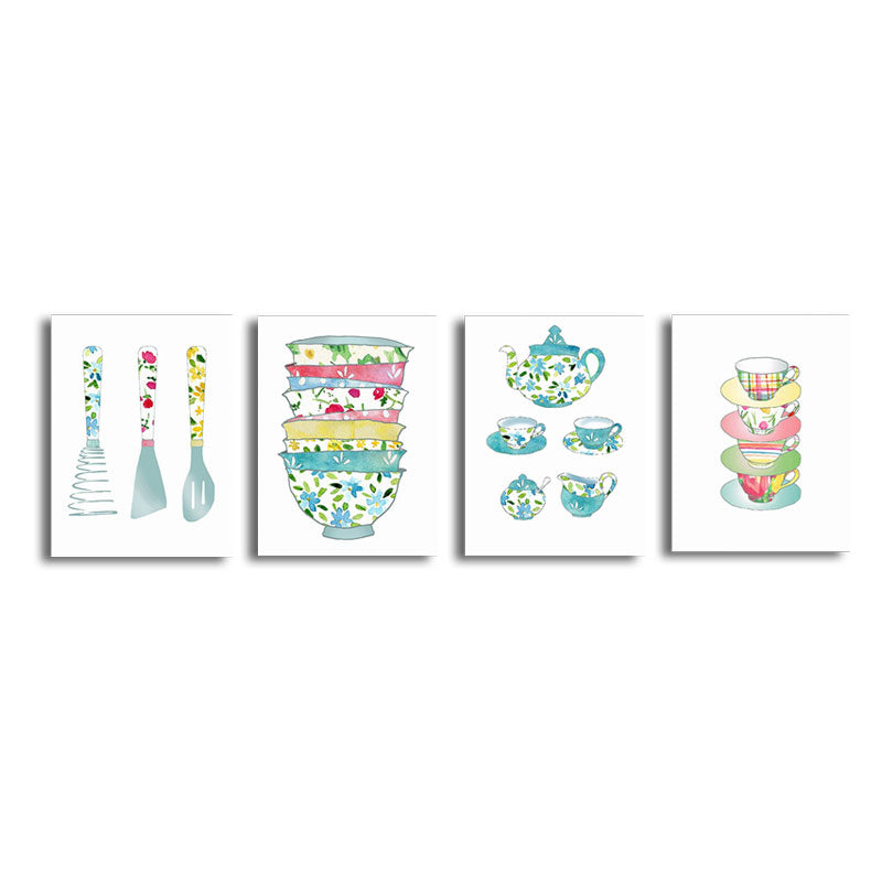 Vivolux | Blaue Utensilien Leinwandkunst Küchenware Nordic Texturierte Wanddekoration für das Esszimmer