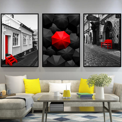 Vivolux | Grote Moderne Stadsgezicht Gewikkeld Canvas voor Woonkamer Muurkunst Print in Rood, Set van 3