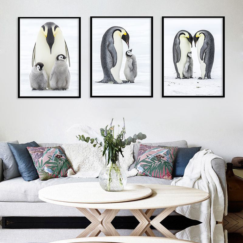 Vivolux | Foto-Print Pinguin Familie Leinwand Wandkunst für Wohnzimmer, Grau und Weiß, Texturiert