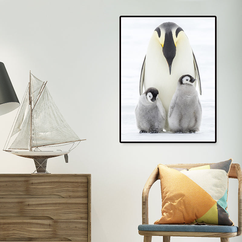 Vivolux | Foto-Print Pinguin Familie Leinwand Wandkunst für Wohnzimmer, Grau und Weiß, Texturiert