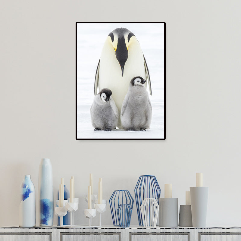 Vivolux | Foto-Print Pinguin Familie Leinwand Wandkunst für Wohnzimmer, Grau und Weiß, Texturiert