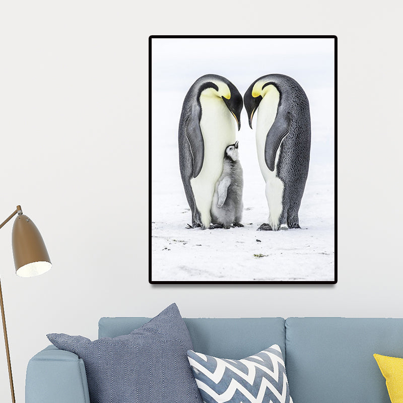 Vivolux | Foto-Print Pinguin Familie Leinwand Wandkunst für Wohnzimmer, Grau und Weiß, Texturiert
