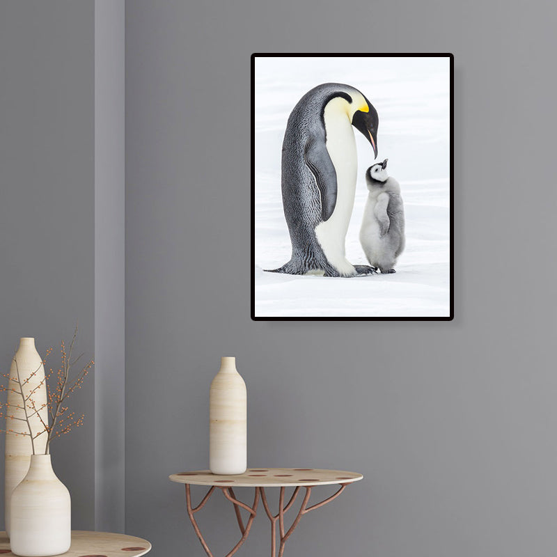 Vivolux | Foto-Print Pinguin Familie Leinwand Wandkunst für Wohnzimmer, Grau und Weiß, Texturiert