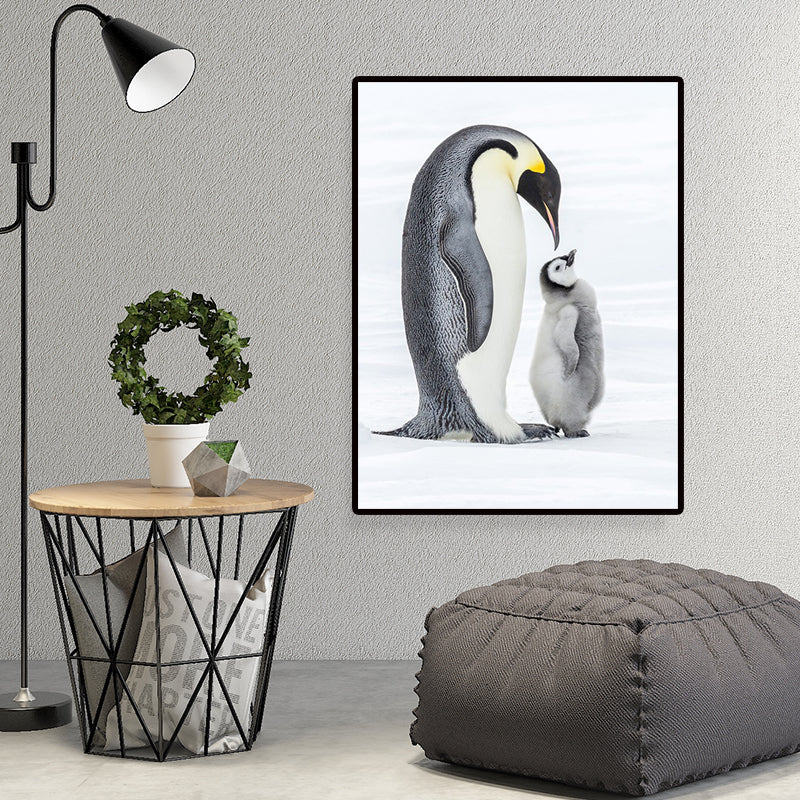 Vivolux | Foto-Print Pinguin Familie Leinwand Wandkunst für Wohnzimmer, Grau und Weiß, Texturiert