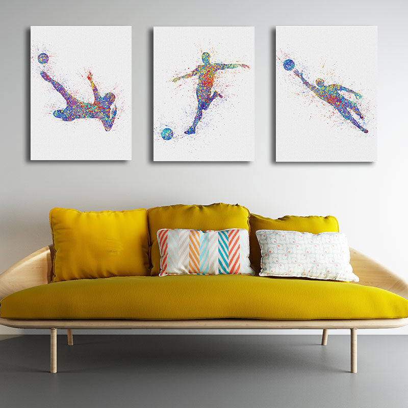 Vivolux | Aquarell Fußball Trainings Wandkunst Blau-Lila Moderner Stil Leinwand für das Jungenzimmer