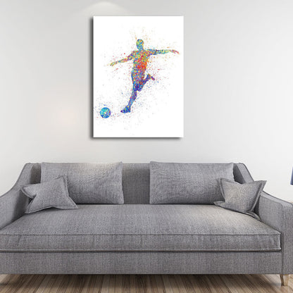 Vivolux | Aquarell Fußball Trainings Wandkunst Blau-Lila Moderner Stil Leinwand für das Jungenzimmer